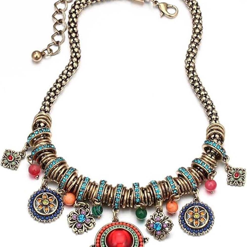 Bohemian Multicolor Enamel Rhinestone Necklace Womens Jewelry Gift